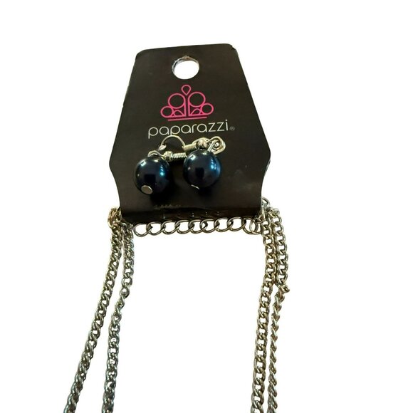 Silver-Tone Multi-Chain Necklace & Navy Beaded Earrings Set By Paparazzi Accesso - Picture 3 of 4